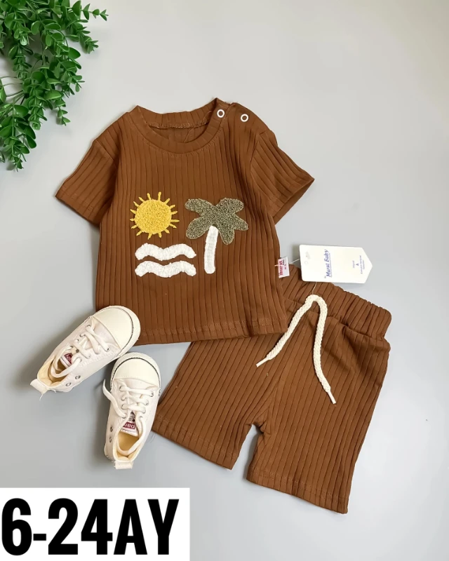 Miniapple Yazlık Süzene Güneş ve Ağaç Nakışlı Fitilli Kumaş 2’li Bebek Takımı - AÇIK KAHVE