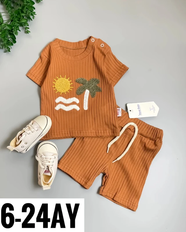Miniapple Yazlık Süzene Güneş ve Ağaç Nakışlı Fitilli Kumaş 2’li Bebek Takımı - FÜME
