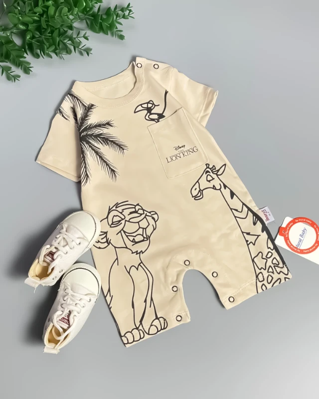 Miniapple Yazlık Palmiye Aslan ve Zürafa Baskılı Çıtçıtlı Bebek Tulumu - BEYAZ