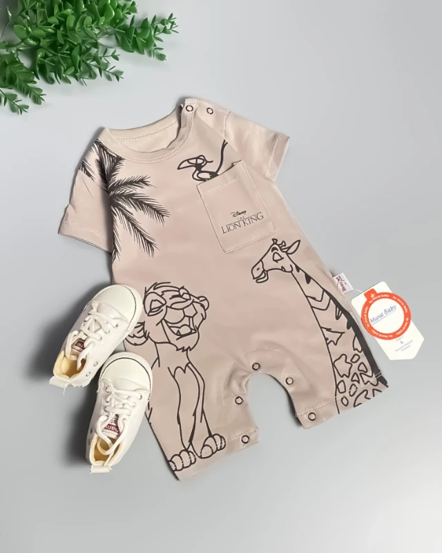 Miniapple Yazlık Palmiye Aslan ve Zürafa Baskılı Çıtçıtlı Bebek Tulumu - KREM