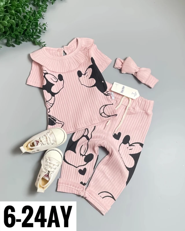 Miniapple Yazlık Sevgili Mini ve Miki Baskılı Fitilli Kumaş 2’li Bebek Takımı - PEMBE