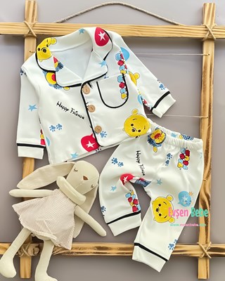Minilove Happy Friends Ayıcık Baskılı Düğmeli 2’li Pijama Bebek Takımı
