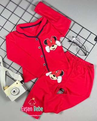 Lollo Kids Utangaç Minnie Baskılı Düğmeli  2’li Bebek Pijama Takımı - Kırmızı