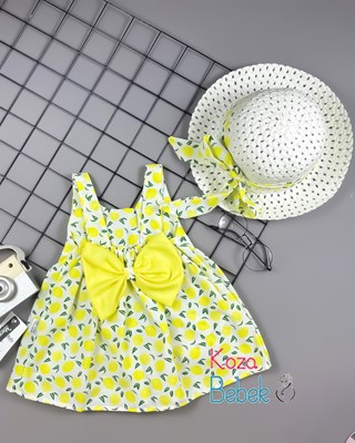 Miniapple Yazlık Limon Desenli Fötr Şapkalı Arkası Fiyonklu Bebek Elbisesi