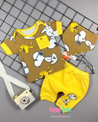 Miniapple Yazlık Snoopy Baskılı Cepli Fularlı 3’lü Bebek Takımı