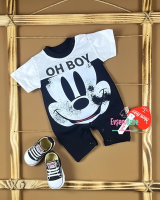 Miniapple Yazlık Oh Boy Mickey Baskılı Alttan Çıtçıtlı Bebek Tulumu - Siyah