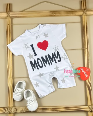 Miniapple Yazlık Yıldız Desenli I Love Mommy ve Daddy Baskılı Alttan Çıtçıtlı Bebek Tulumu