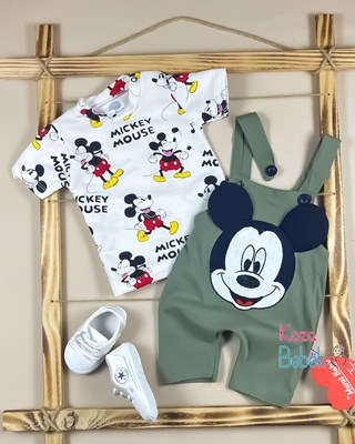 Miniapple Yazlık Badisi Beyaz Mickey Mouse Nakışlı Badili Salopet Bebek Tulumu
