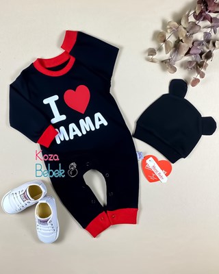 Miniapple I Love Mama Baskılı Şapkalı Bebek Tulumu - Siyah