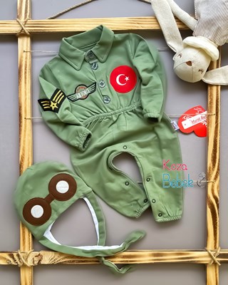 Miniapple Türk Bayrağı Armalı Pilot Şapkalı Bebek Tulumu
