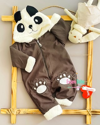 Miniapple İçi Welsoft Peluşlu Panda Nakışlı Fitilli Kapüşonlu Bebek Tulumu - Füme