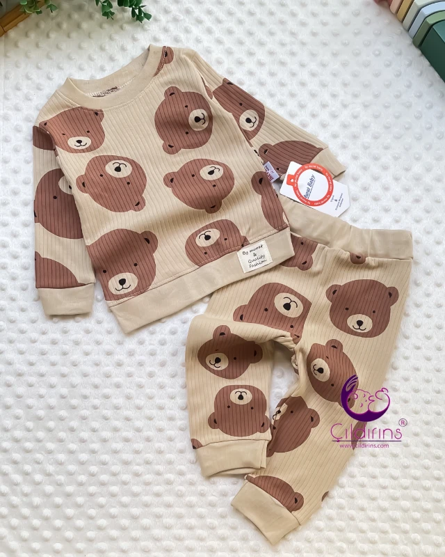 Miniapple Kahverengi Ayıcık Baskılı Fitilli Kumaş 2’li Bebek Takımı - BEYAZ