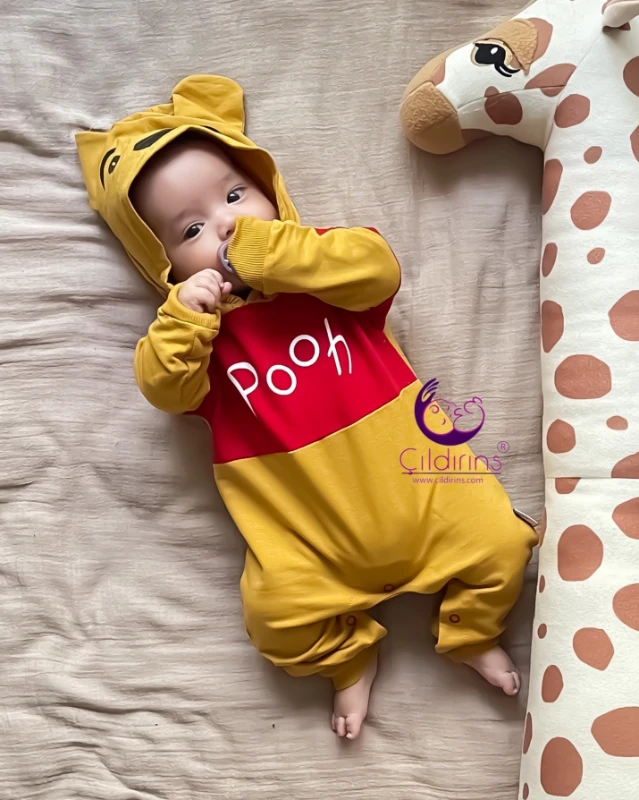 Miniapple Pooh Nakışlı Kapüşonlu Kostüm Bebek Tulumu