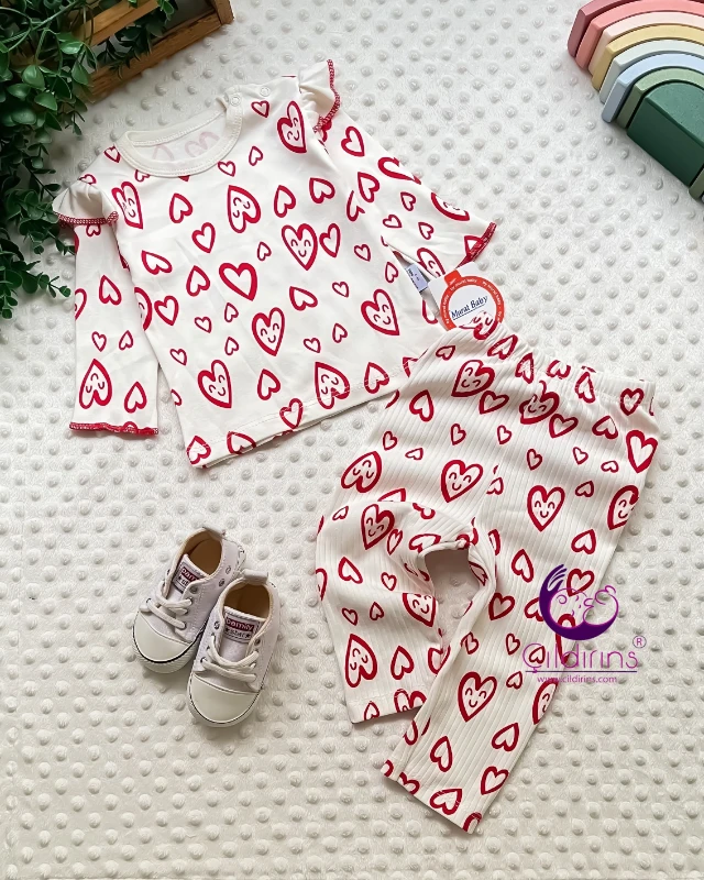 Miniapple Gülen Kalp Baskılı Fitilli Kumaş 2’li Bebek Takımı - KIRMIZI
