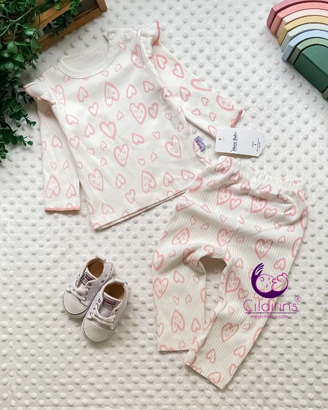 Miniapple Gülen Kalp Baskılı Fitilli Kumaş 2’li Bebek Takımı - SOMON