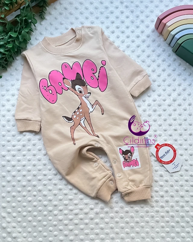 Miniapple Bambi Geyik Baskılı Alttan ve Omuzdan Çıtçıtlı Bebek Tulumu - SOMON