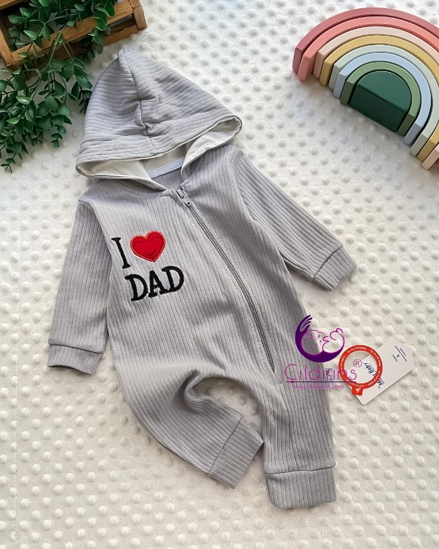Miniapple Kalpli I Dad Nakışlı Fitilli Kumaş Kapüşonlu Fermuarlı Bebek Tulumu - KUM BEJİ