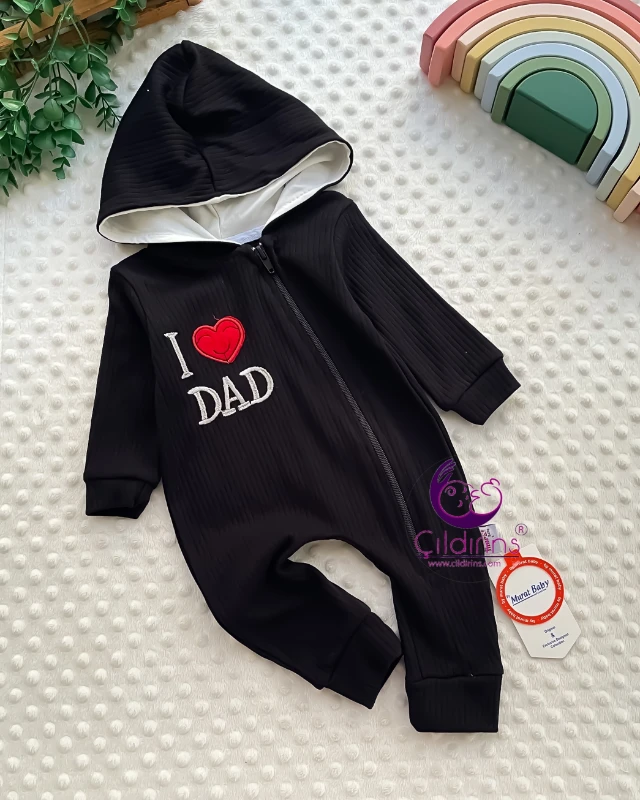 Miniapple Kalpli I Dad Nakışlı Fitilli Kumaş Kapüşonlu Fermuarlı Bebek Tulumu - GRİ