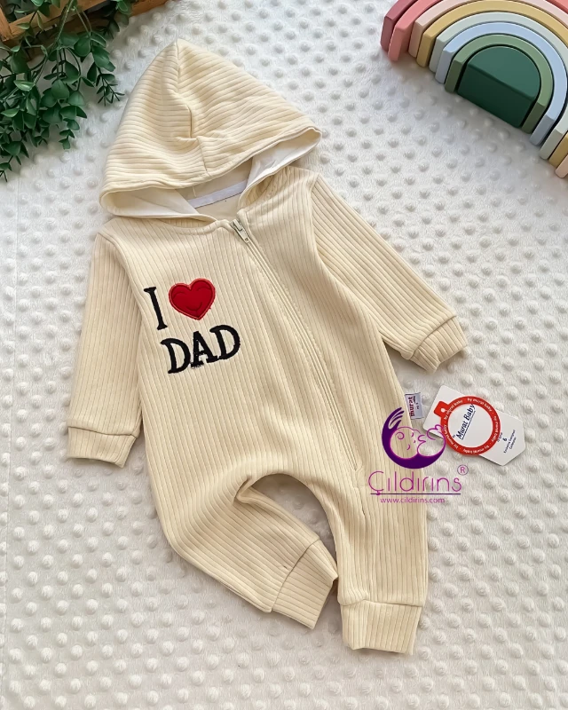 Miniapple Kalpli I Dad Nakışlı Fitilli Kumaş Kapüşonlu Fermuarlı Bebek Tulumu - GRİ