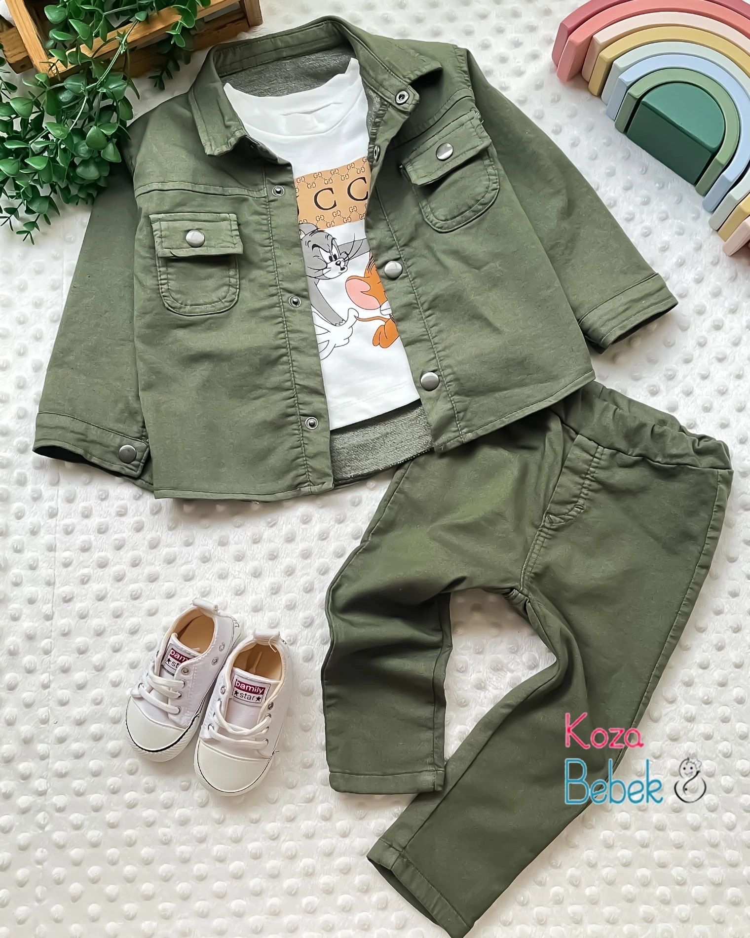 Miniapple Keten Ceket ve Pantolonlu Badili 3’lü Bebek Takımı