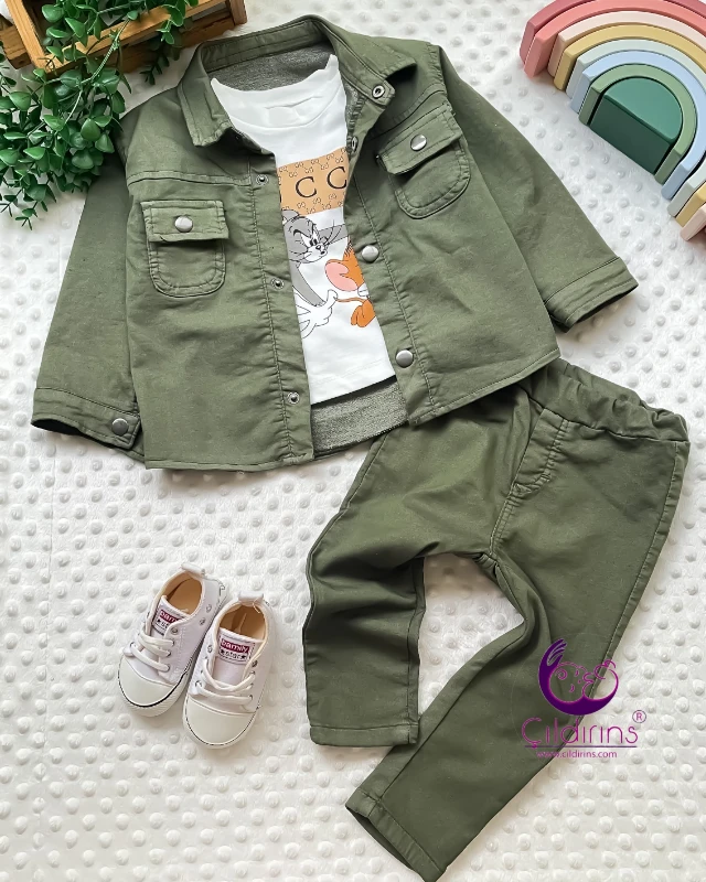 Miniapple Keten Ceket ve Pantolonlu Badili 3’lü Bebek Takımı - HAKİ