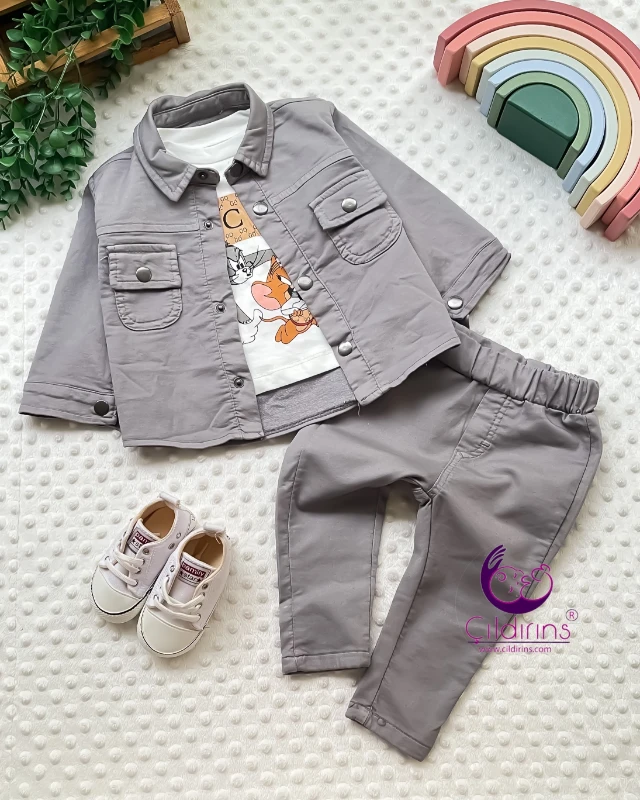 Miniapple Keten Ceket ve Pantolonlu Badili 3’lü Bebek Takımı - HAKİ