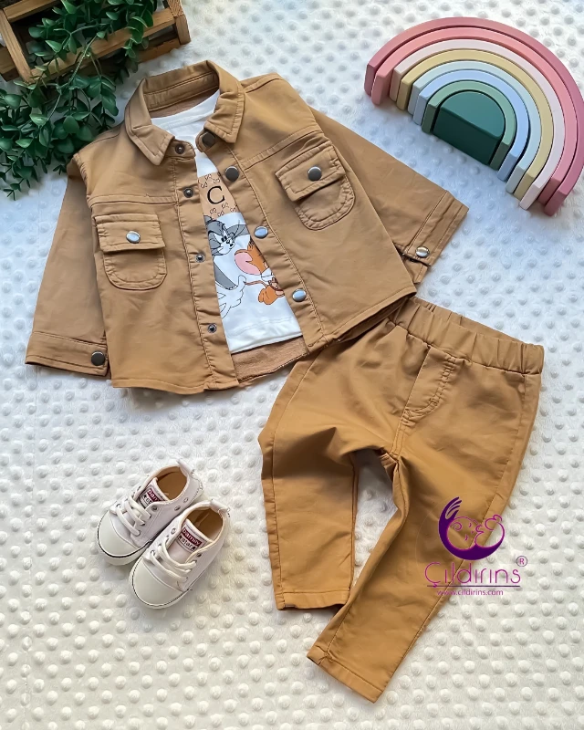 Miniapple Keten Ceket ve Pantolonlu Badili 3’lü Bebek Takımı - BORDO