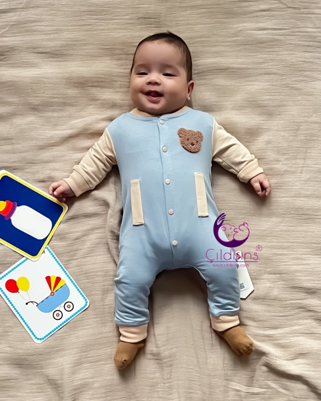 Miniapple Çift Renk Süzene Ayıcık Nakışlı Çıtçıtlı Bebek Tulumu - KIRMIZI