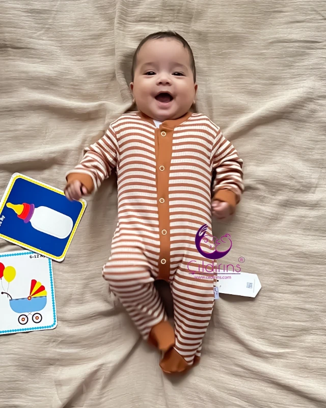 Miniapple Yatay Çizgili Kendinden Patikli Çıtçıtlı Bebek Tulumu - MAVİ