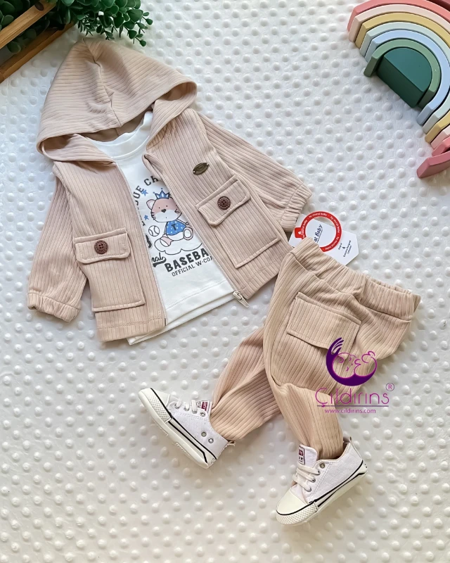 Miniapple Kadife Ceket ve Pantolonlu Badili 3’lü Bebek Takımı - LACİVERT