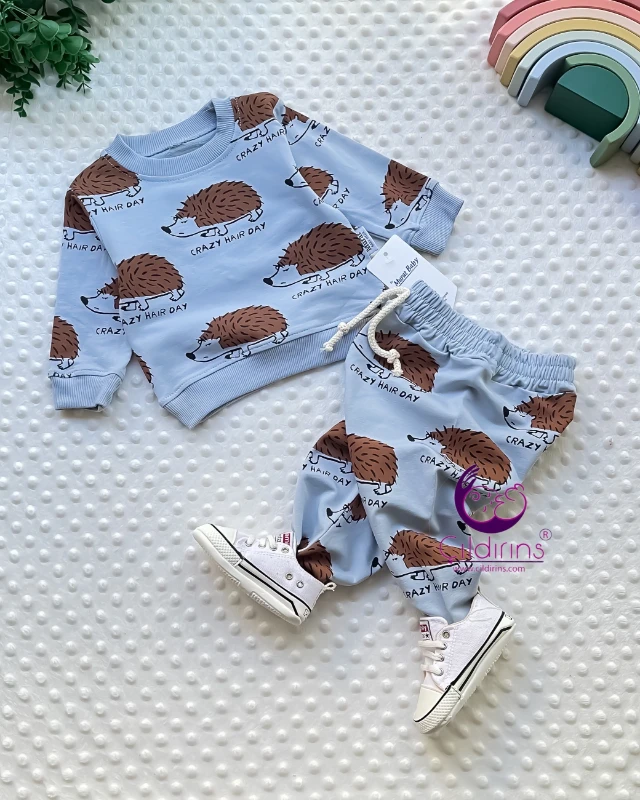Miniapple Sevimli Kirpi Baskılı Belden İpli 2’li Bebek Takımı - BEYAZ