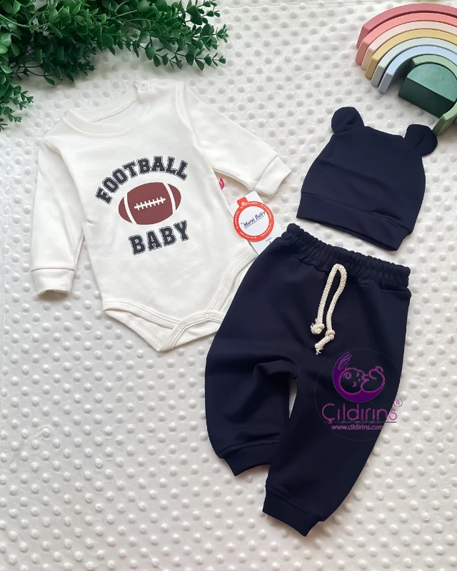 Miniapple Football Baby Baskılı Şapkalı 3’lü Bebek Takımı - KIRMIZI