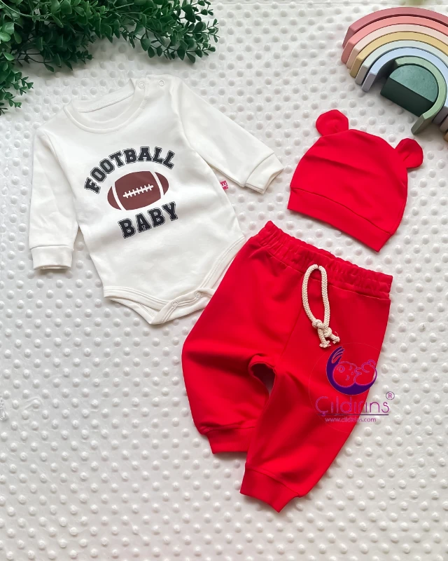 Miniapple Football Baby Baskılı Şapkalı 3’lü Bebek Takımı - KAHVERENGİ