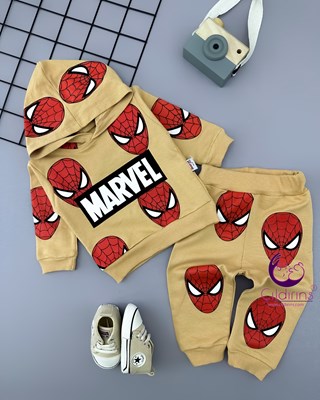 Miniapple Marvel Spiderman Baskılı Kapüşonlu 2’li Bebek Takımı - KAHVERENGİ