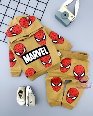 Miniapple Marvel Spiderman Baskılı Kapüşonlu 2’li Bebek Takımı - FÜME