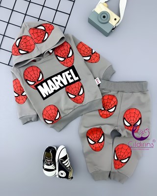 Miniapple Marvel Spiderman Baskılı Kapüşonlu 2’li Bebek Takımı - KAHVERENGİ