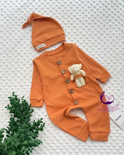 Miniapple Düğmeli Fitilli Kumaş Cebi Oyuncaklı Bebek Tulumu - GRİ