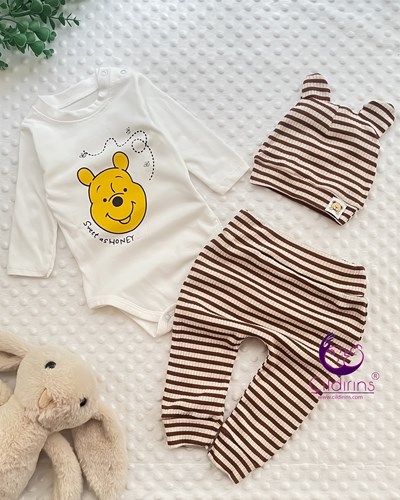 Miniapple Pantolonu ve Şapkası Yatay Çizgili Ayıcık Baskılı 3’lü Bebek Takımı - GRİ