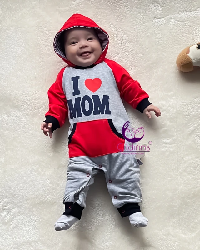 Miniapple I Love Mom Baskılı Önden Cepli Kapüşonlu Bebek Tulumu - LACİVERT