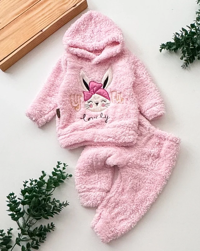 Cuscino Welsoft Lovely Tavşan Nakışlı Kapüşonlu 2’li Bebek Takımı