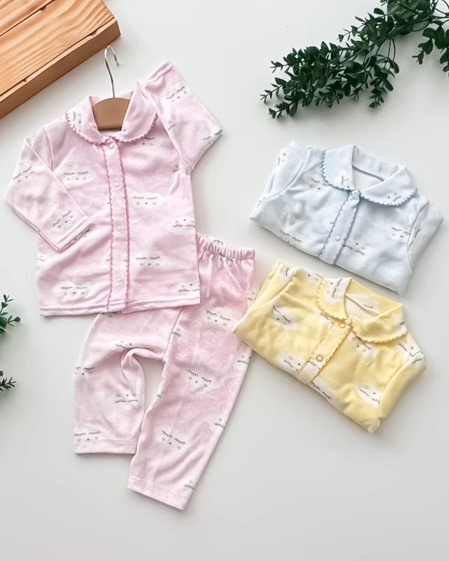 Zem Baby Bulutlar Baskılı  Yakalı 2’li Bebek Pijama Takımı