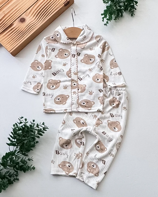 Zem Baby Ayıcık Baskılı Yakalı Fitilli Kumaş 2’li Bebek Pijama Takımı