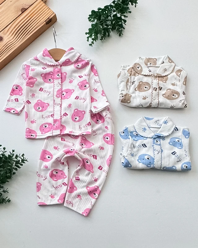 Zem Baby Ayıcık Baskılı Yakalı Fitilli Kumaş 2’li Bebek Pijama Takımı