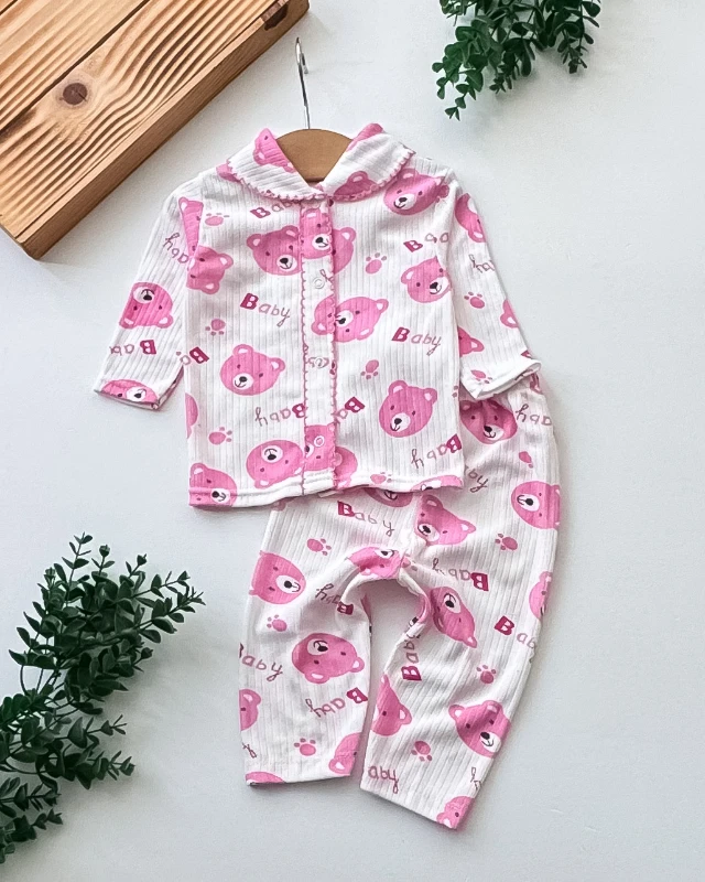 Zem Baby Ayıcık Baskılı Yakalı Fitilli Kumaş 2’li Bebek Pijama Takımı