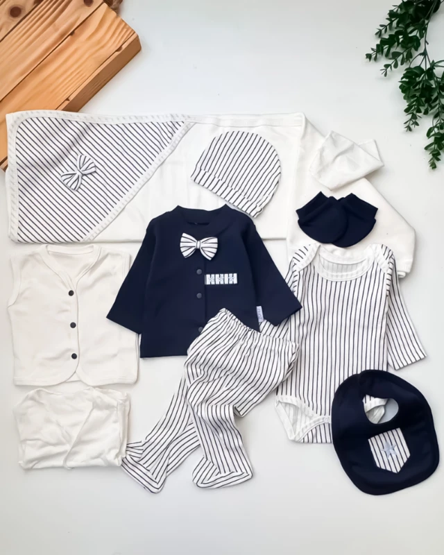 Baby Zuhu Çizgili Papyonlu 10 Parça Hastane Çıkışı Set - Lacivert