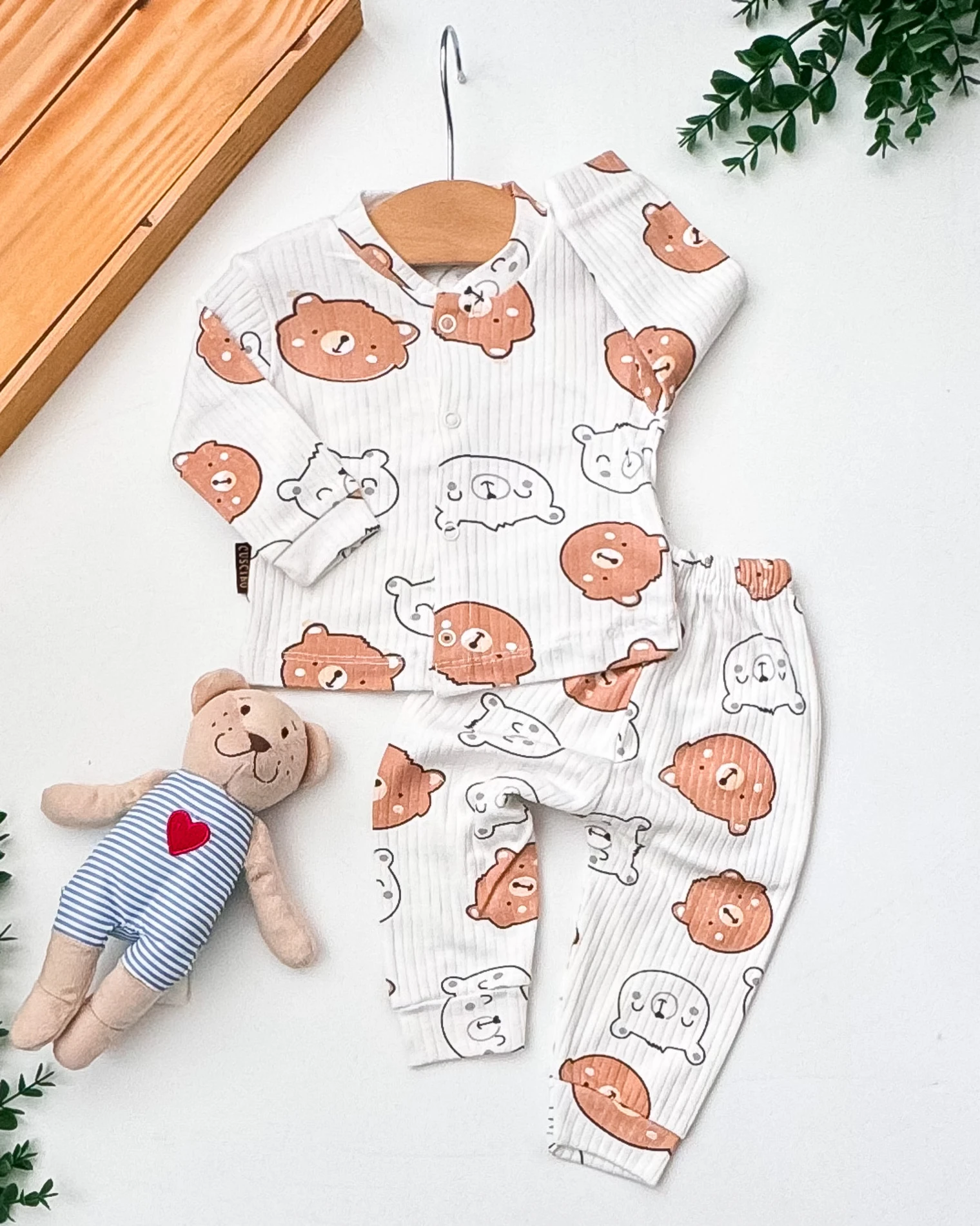 Cuscino Sevimli Ayıcık Baskılı Raporlu Kumaş Bebek 2’li Bebek Pijama Takım