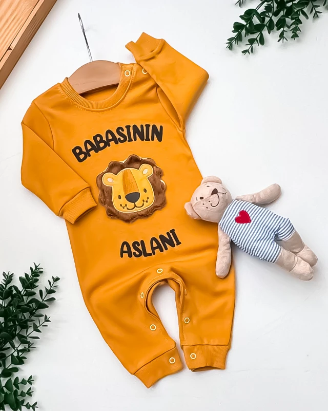 Babymii Babasının Aslanı Nakışlı Omuzdan ve Alttan Çıtçıtlı Bebek Tulum