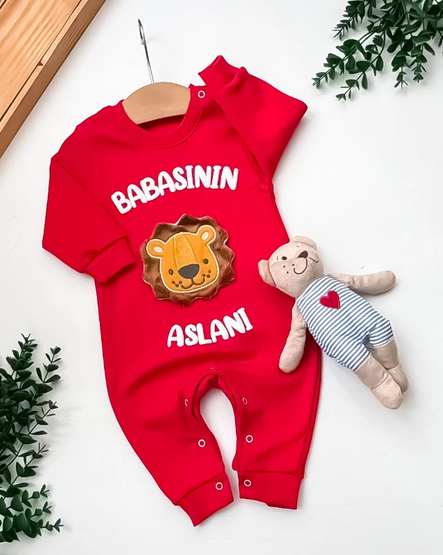 Babymii Babasının Aslanı Nakışlı Omuzdan ve Alttan Çıtçıtlı Bebek Tulum