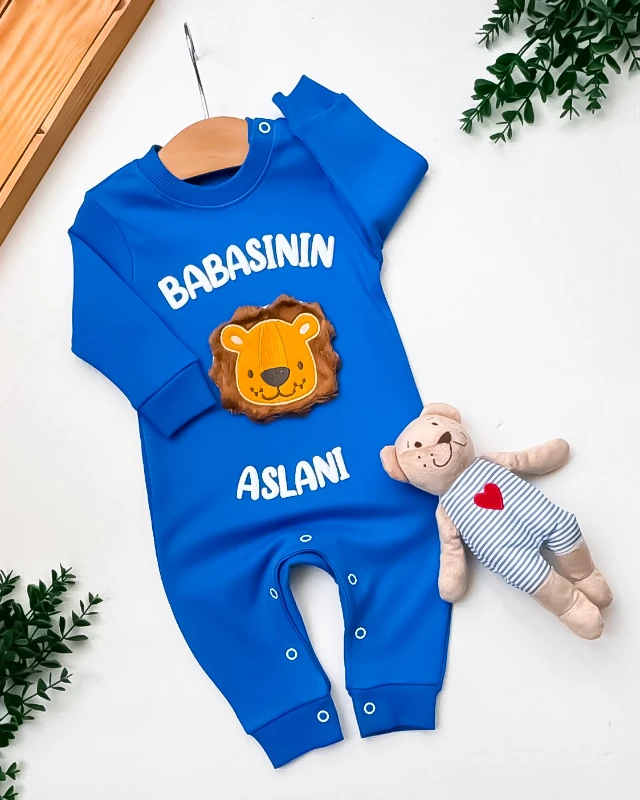 Babymii Babasının Aslanı Nakışlı Omuzdan ve Alttan Çıtçıtlı Bebek Tulum