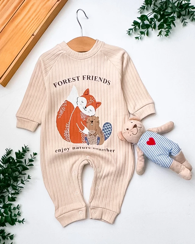 Babymii Forest Friends Baskılı Raporlu Kumaş Omuzdan ve Alttan Çıtçıtlı Bebek Tulum